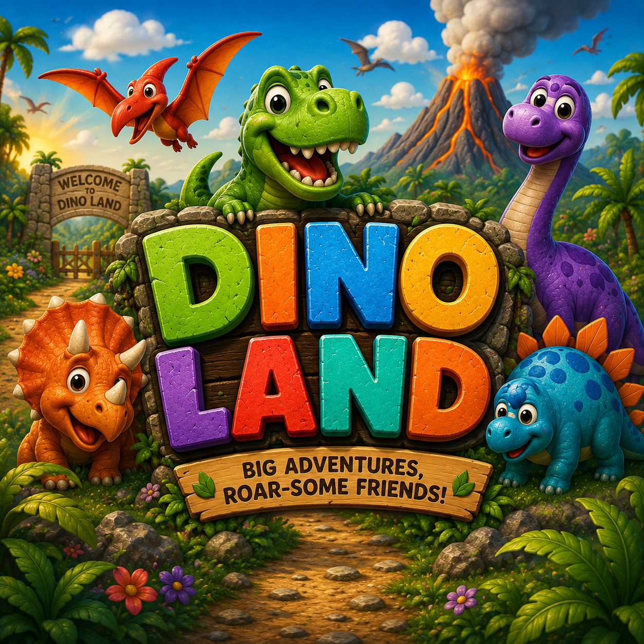 Dino Land logo with a friendly green T-Rex, orange triceratops, purple long-neck dinosaur, blue stegosaurus and red pterodactyl gathered around colourful stone letters in a prehistoric jungle.