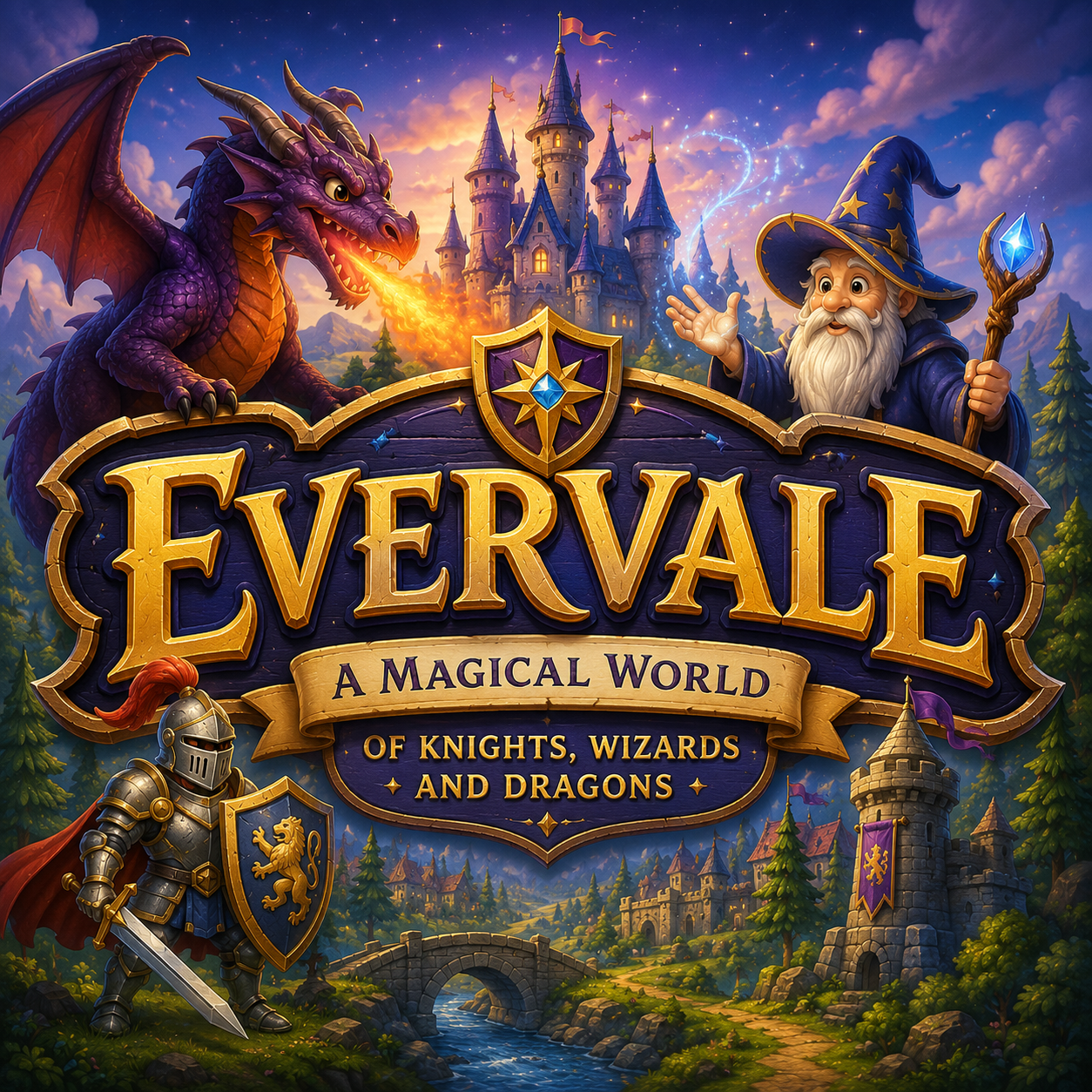 Evervale logo featuring a magical medieval world with a purple dragon breathing fire, a wise wizard with a crystal staff, a brave knight in shining armour and a fairy-tale castle under a starry sky.