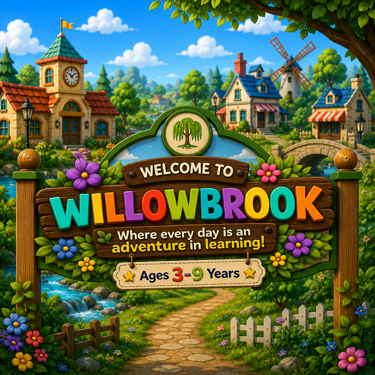 A bright, storybook village of Willowbrook with rolling green hills, a friendly owl storyteller and curious animal characters exploring together.