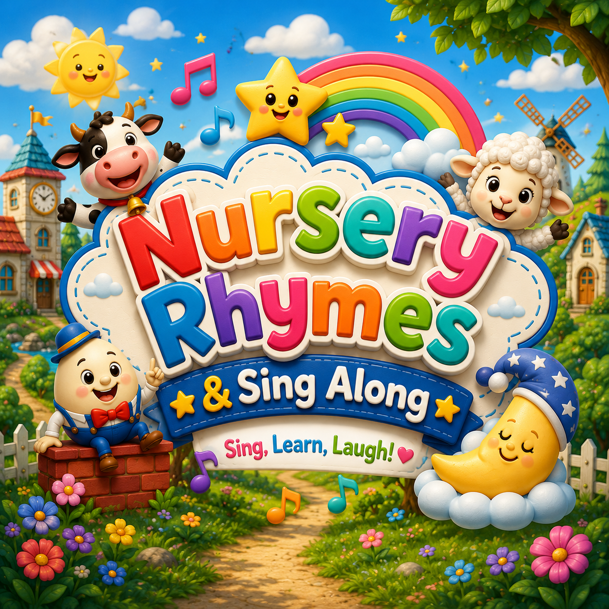 Cheerful nursery rhyme scene with musical notes, friendly characters and bright rainbow colours inviting children to sing along.