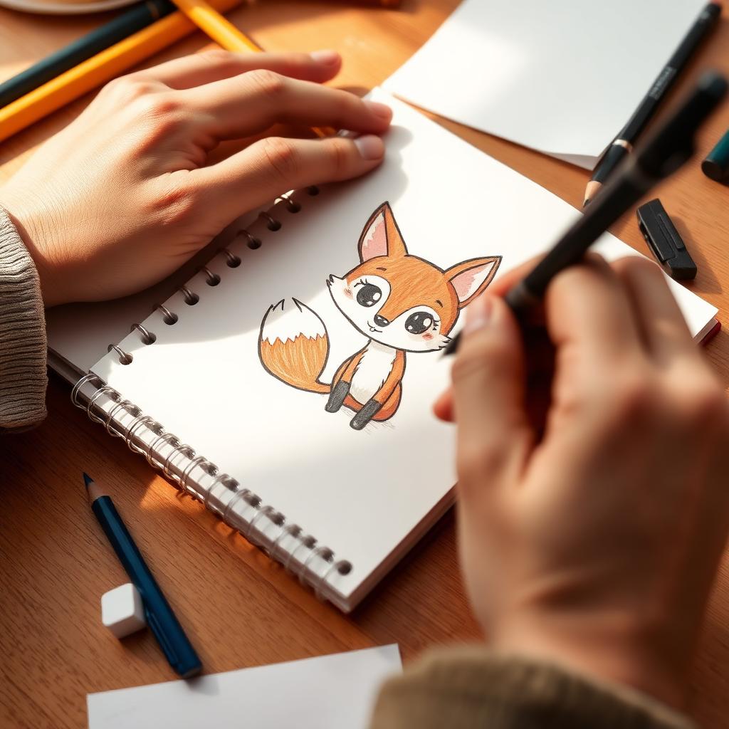 Artist sketching a friendly fox character in a notebook