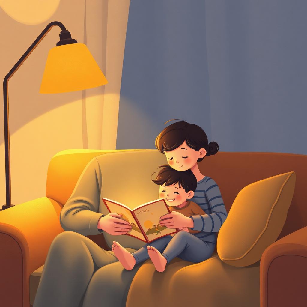Parent and child reading a picture book together under a warm lamp