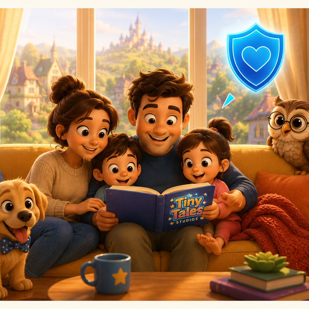 A parent and children enjoying safe Tiny Tales content together on a tablet