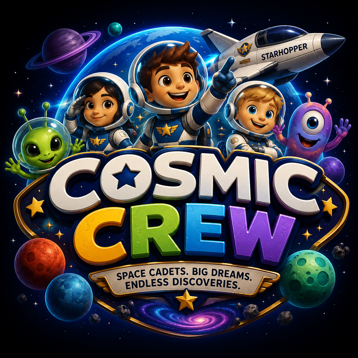 Colourful Cosmic Crew logo featuring three young astronauts, a friendly green alien, a purple alien and the Starhopper rocket orbiting planets in deep space.