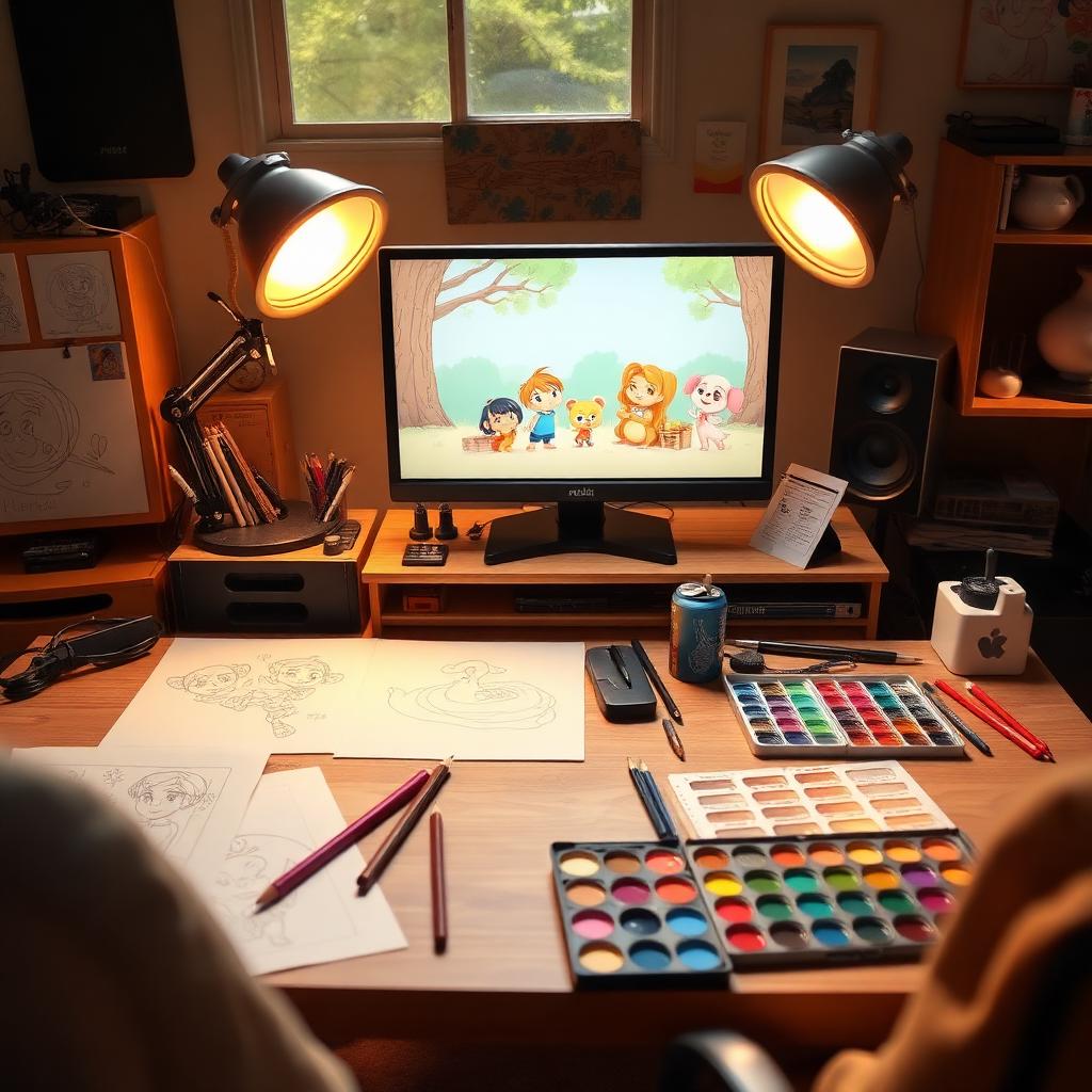 Animator's desk with storyboards, watercolours and Willowbrook characters on screen