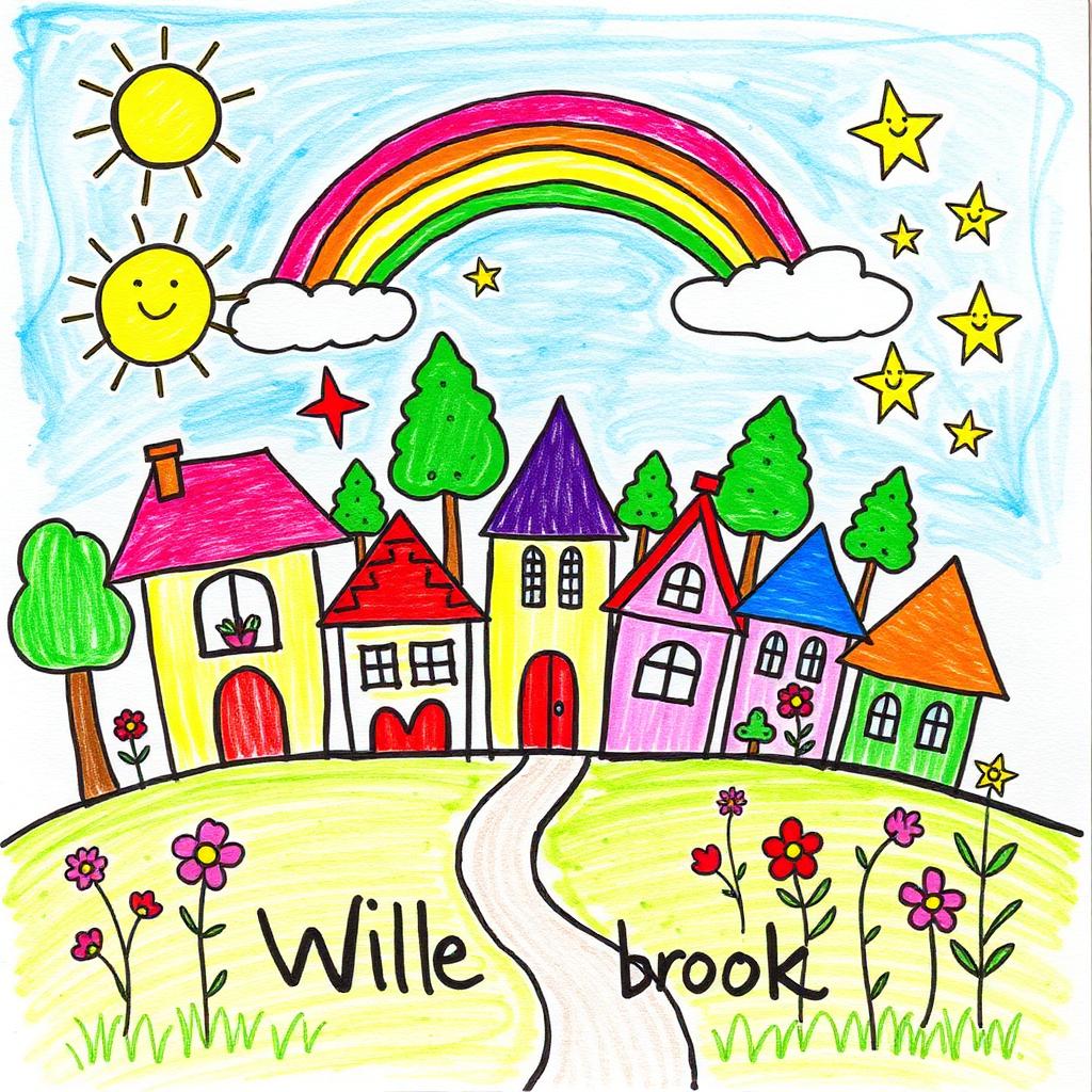 Childlike crayon doodle of the colourful Willowbrook village