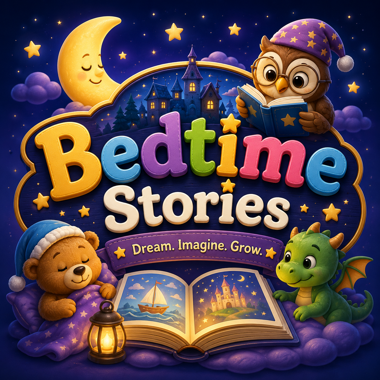 A soft, moonlit bedtime scene with a wise owl narrator, sleepy woodland creatures and glowing stars for a calm, restful mood.