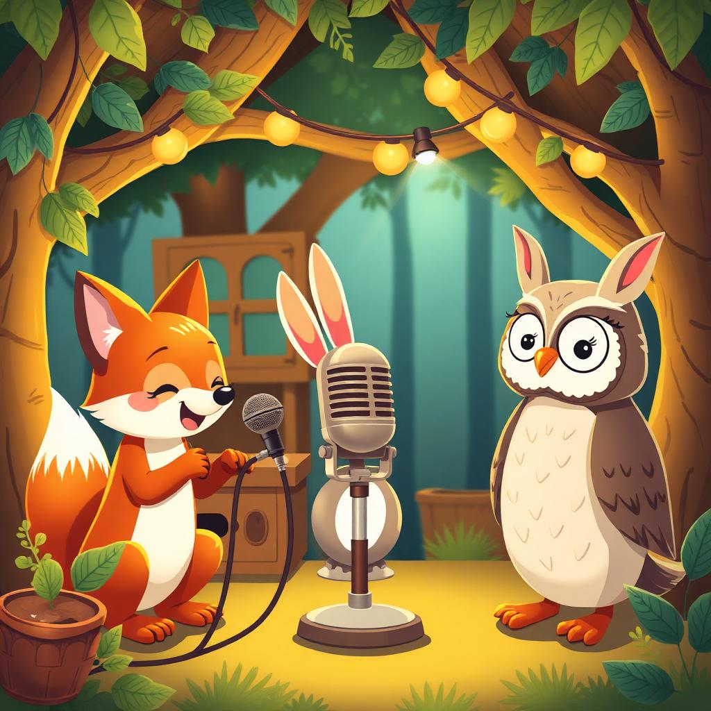 Cute fox and owl recording a new song in a cozy treehouse studio